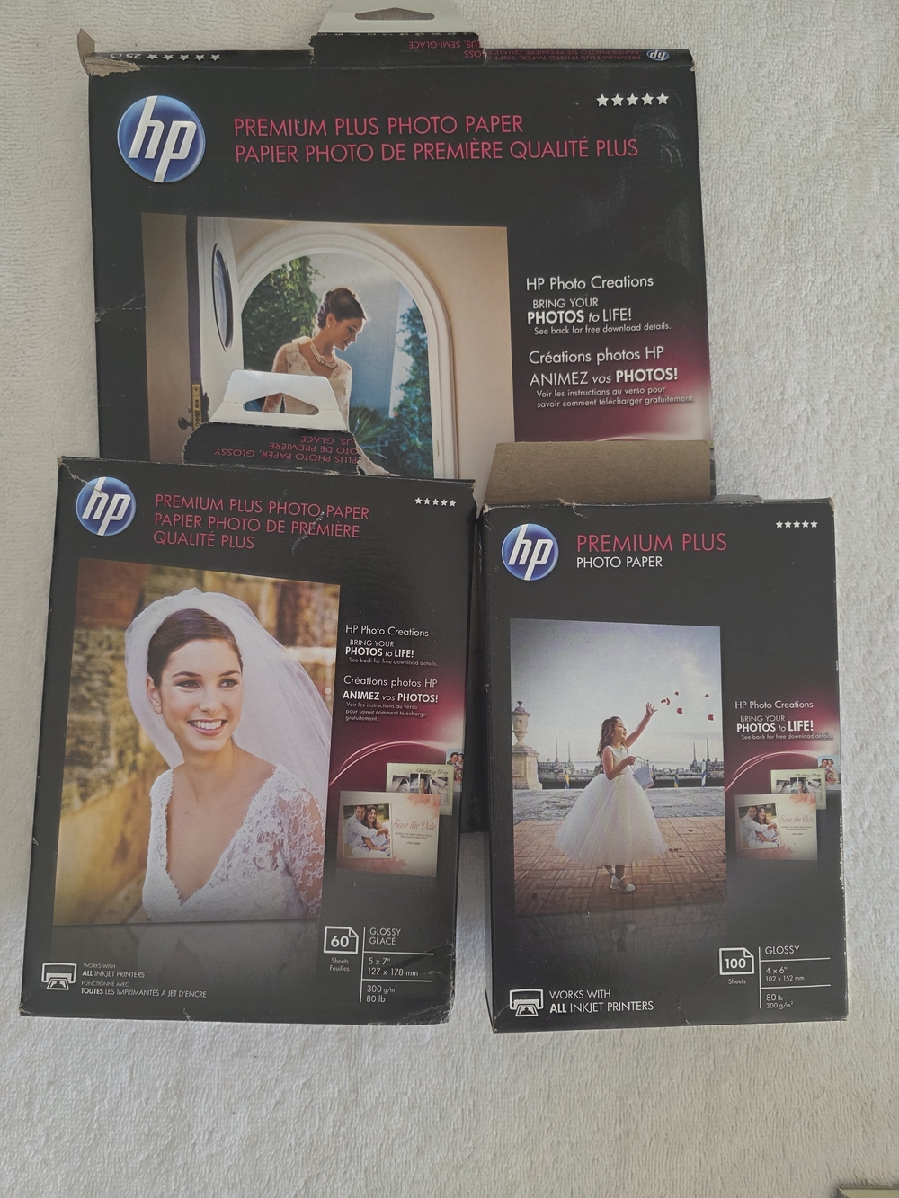 HP Premium Plus Photo Paper Glossy Bundle (3 Packs) 4x6 100ct & 5x7 60ct + Large